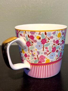 GRACE Fine Ceramic Floral Striped Coffee Mug Cup Pink Gold Boho Cottagecore